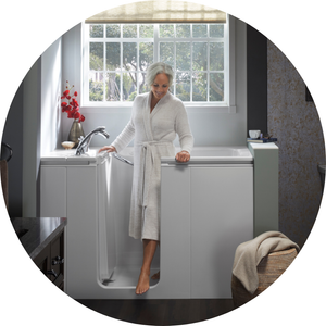lady walking out of a newly installed walk-in tub